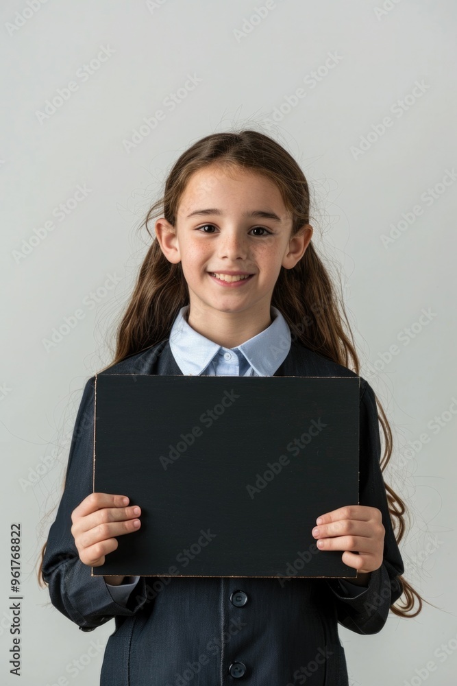 A young girl is holding a black board with a smile on her face A young girl is holding a black board with a smile on her face