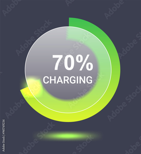 70 percent green battery charging level. Glass morphism vector icon