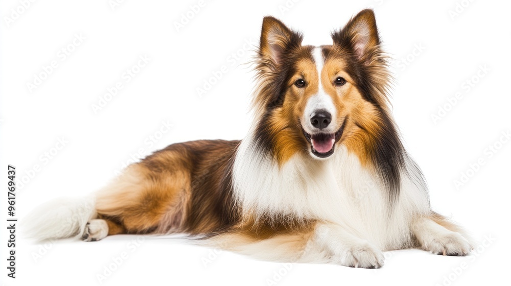 A happy collie dog lying down with a friendly expression. A happy collie dog lying down with a friendly expression.