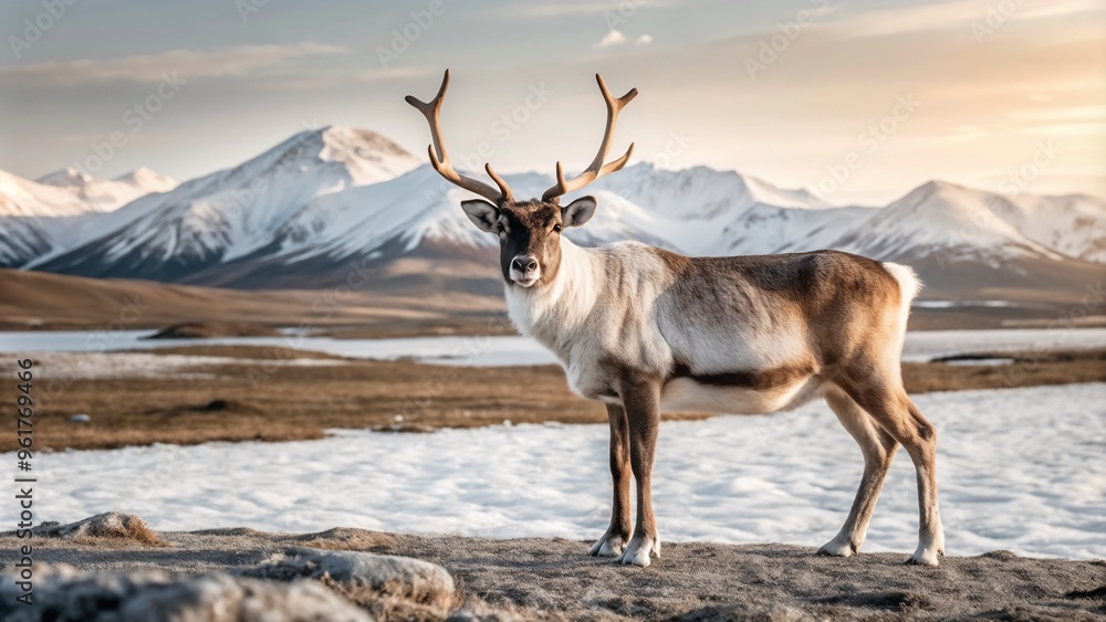 Fototapeta premium Reindeer in an open tundra landscape snow covered