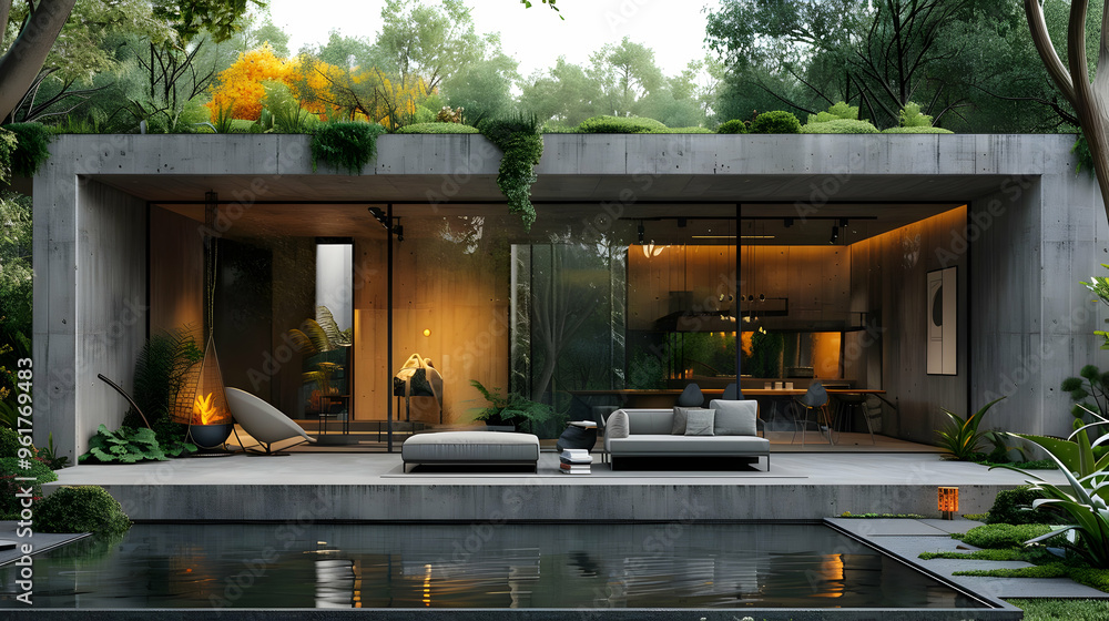 Modern Concrete House with Pool and Green Roof - 3D Illustration Modern Concrete House with Pool and Green Roof - 3D Illustration