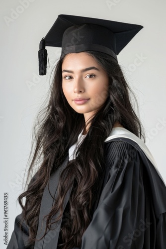 A woman wearing a black graduation gown and cap