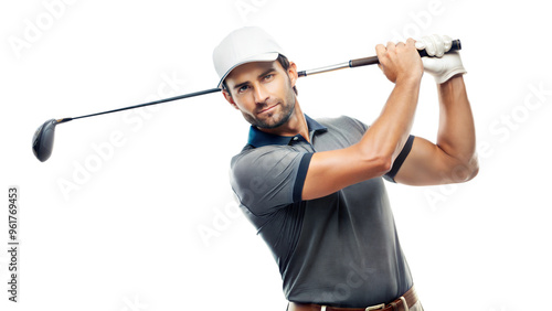 Golfer mid swing, focused on hitting the perfect shot