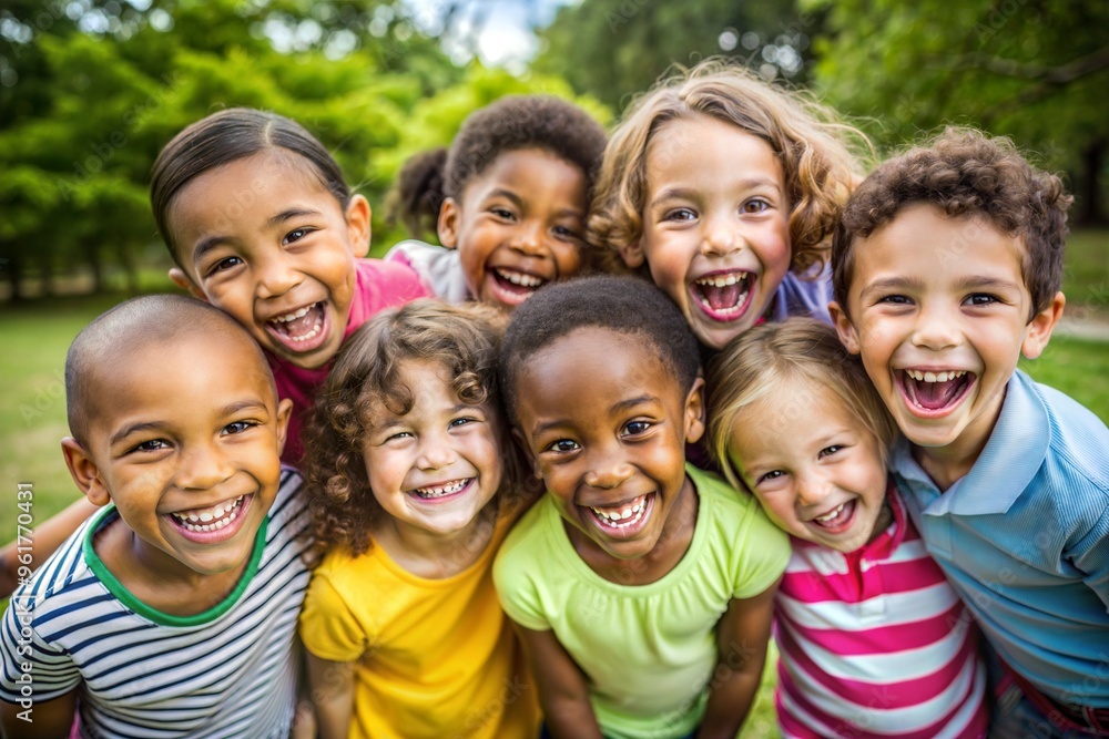 Group of happy kids smiling and having fun in sunlit park Group of happy kids smiling and having fun in sunlit park