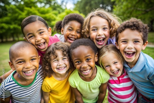 Group of happy kids smiling and having fun in sunlit park