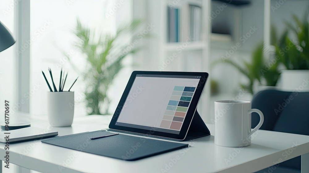 Fototapeta premium A clean, modern workspace with a designers tablet, a set of Pantone swatches, and a mug of coffee, suggesting a creative workday in progress.