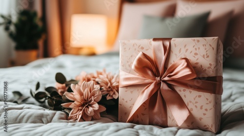 Blush pink gift with satin ribbon on bed, soft lighting for special events like Mother's Day