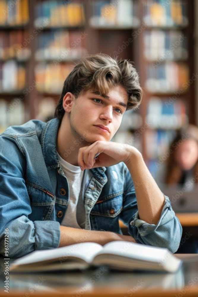 A young man is sitting at a table with a book open in front of him A young man is sitting at a table with a book open in front of him