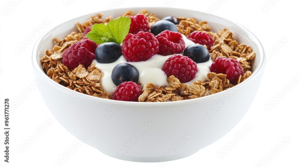 Delicious and Healthy Breakfast Bowl with Granola, Yogurt, Raspberries, and Blueberries Delicious and Healthy Breakfast Bowl with Granola, Yogurt, Raspberries, and Blueberries