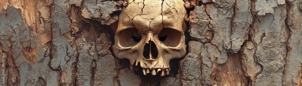 Skull embedded in a tree trunk, life growing around death, flat design illustration Skull embedded in a tree trunk, life growing around death, flat design illustration