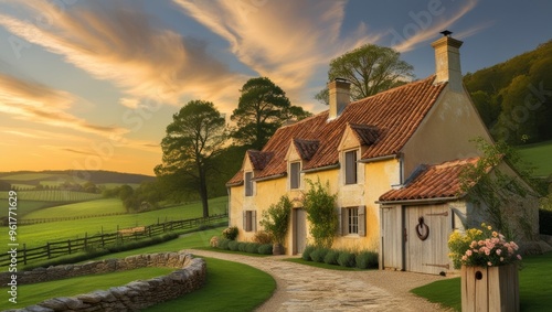 A cozy stone village house on a grass field. Rural beautiful landscape with flowers and trees. Evening sky with clouds. Relaxing scene.