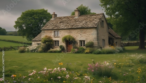 A cozy stone village house on a grass field. Rural beautiful landscape with flowers and trees. Evening sky with clouds. Relaxing scene.