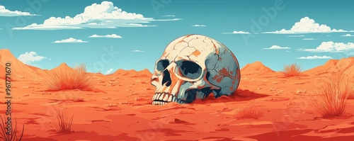 Skull in desert landscape, isolated and weathered, flat design illustration photo