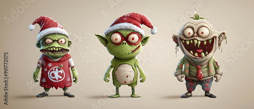 Wallpaper Mural set of 3 Christmas characters in 3d clay design, including a Zombie, a Goblin with the silly face, and an cute Ogre, adorable and festive, isolated on a clean background, Torontodigital.ca
