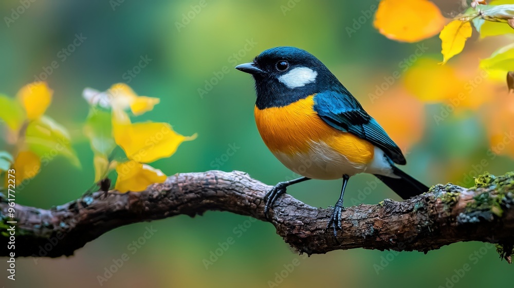 Close-up of a migratory bird perched on a tree branch with a vibrant backdrop Close-up of a migratory bird perched on a tree branch with a vibrant backdrop