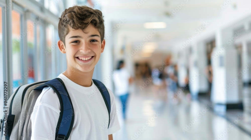 A boy with a backpack is smiling in a hallway A boy with a backpack is smiling in a hallway