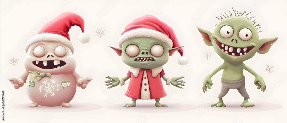 set of 3 Christmas characters in 3d clay design, including a Zombie, a Goblin with the silly face, and an cute Ogre, adorable and festive, isolated on a clean background, set of 3 Christmas characters in 3d clay design, including a Zombie, a Goblin with the silly face, and an cute Ogre, adorable and festive, isolated on a clean background,