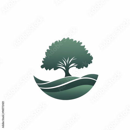 Green Tree on Hill with Wavy Lines Representing Water photo