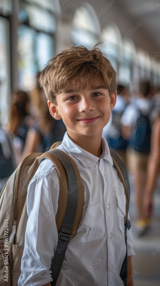 Fototapeta premium A young boy wearing a white shirt and backpack is smiling for the camera