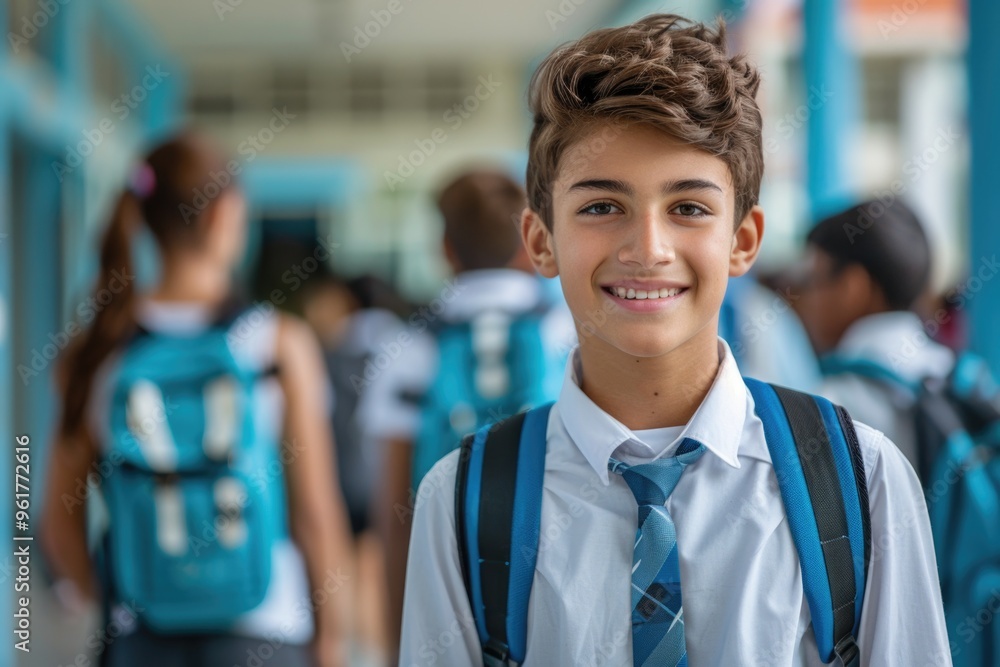 Fototapeta premium A boy wearing a blue shirt and a blue tie is smiling for the camera