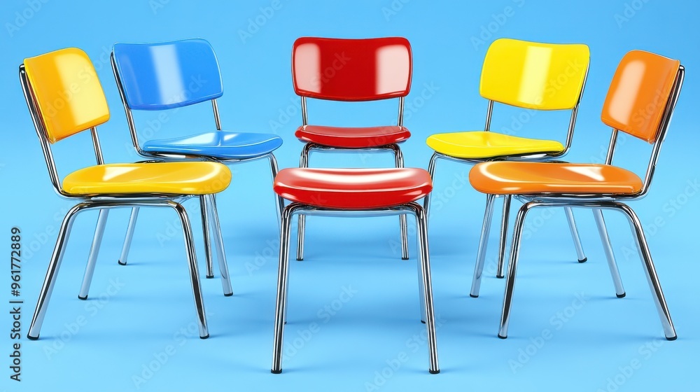 Fototapeta premium 3D rendering of five chairs arranged in oval shape on blue background, minimalist design