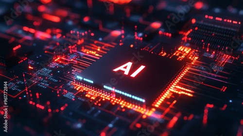 Ai tech revolution: futuristic circuit board with glowing red ai chip