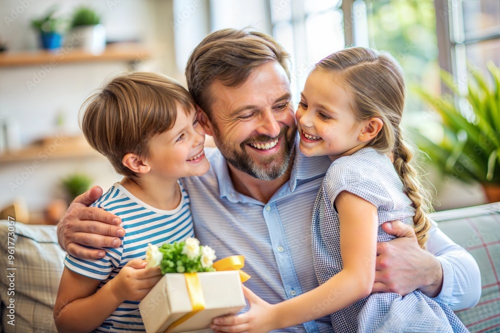 Heartwarming family moment of smiling father with joyful children holding gift Heartwarming family moment of smiling father with joyful children holding gift