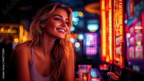 Woman Playing Slot Machine at Casino