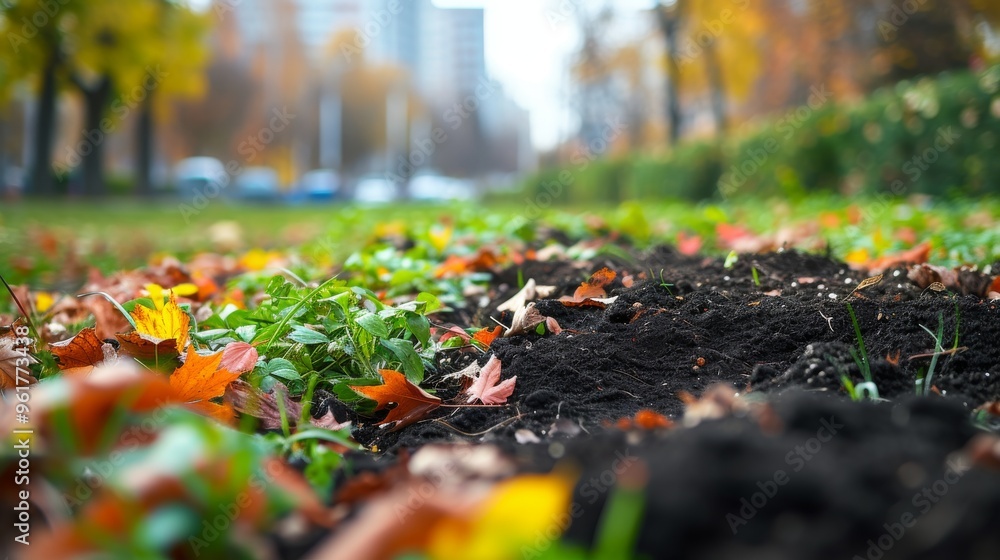 Close-up of autumn leaves mixed with green plants in a city garden bed. The vibrant fall colors contrast with the rich soil, while the cityscape in the background blurs, highlighting the peaceful Close-up of autumn leaves mixed with green plants in a city garden bed. The vibrant fall colors contrast with the rich soil, while the cityscape in the background blurs, highlighting the peaceful