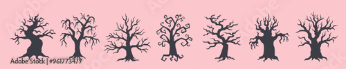 Set of Halloween black trees on pink background. Halloween concept. Halloween objects.	
