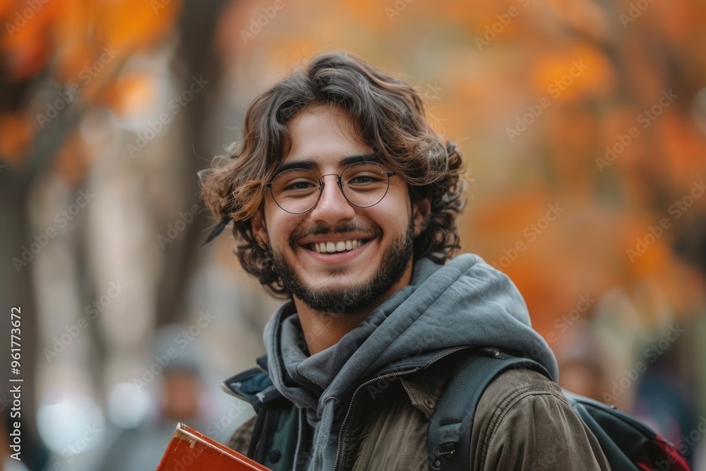 A young man with glasses and a backpack is smiling and holding a book A young man with glasses and a backpack is smiling and holding a book