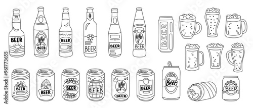 Set of beer bootles, cans and mugs in doodle style on white background. Oktoberfest concept. Beer festival concept. Beer brewing concept.	