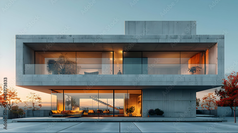 Modern Concrete House with Large Windows - 3D Illustration Modern Concrete House with Large Windows - 3D Illustration