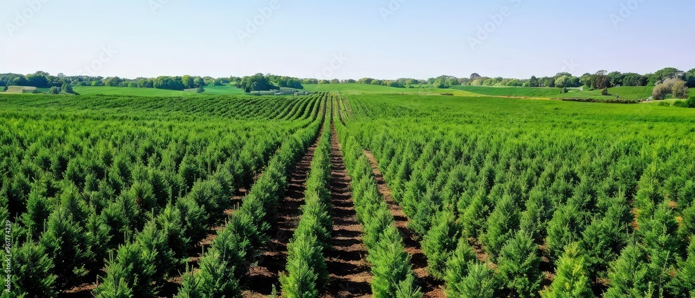Rows of evenly spaced coniferous trees growing in a field under a blue sky. Rows of evenly spaced coniferous trees growing in a field under a blue sky.