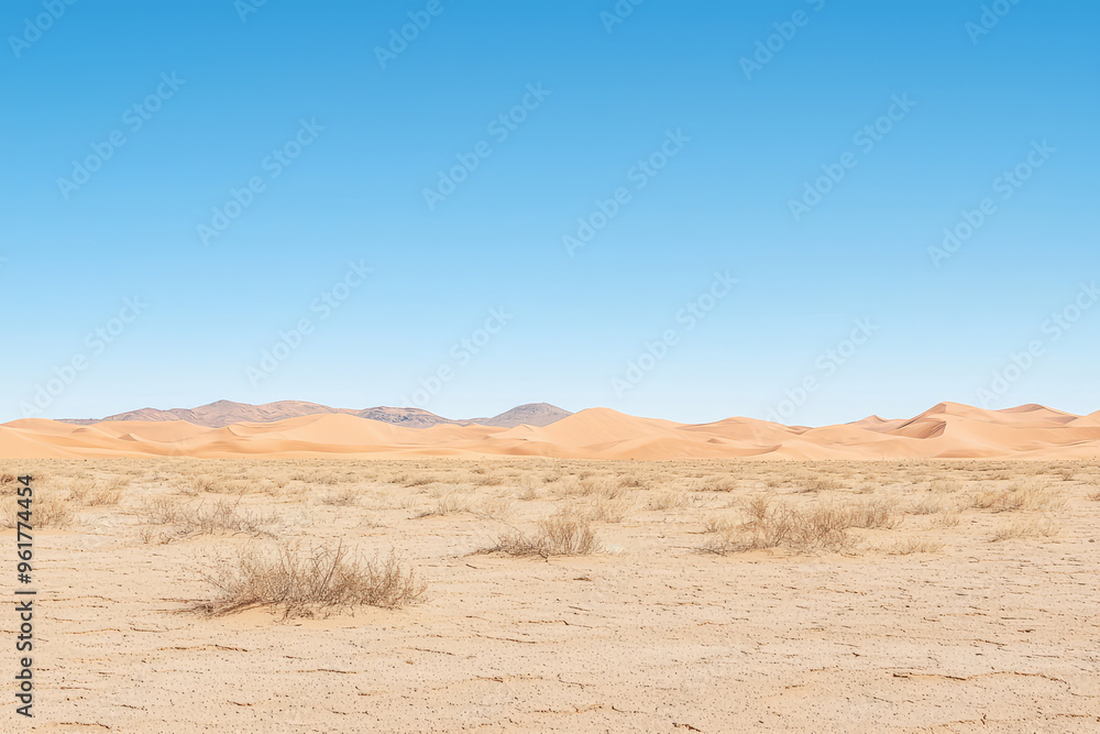 Arid Expanse: Golden Sand Dunes Under a Vast Blue Sky Arid Expanse: Golden Sand Dunes Under a Vast Blue Sky