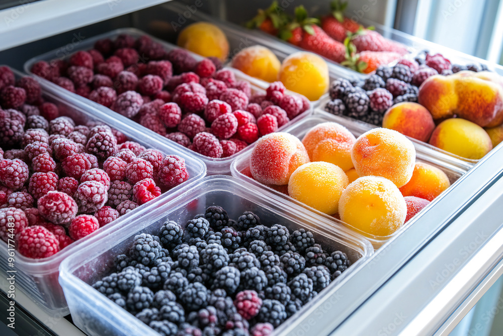 freezer drawer with frozen fruits and berries freezer drawer with frozen fruits and berries