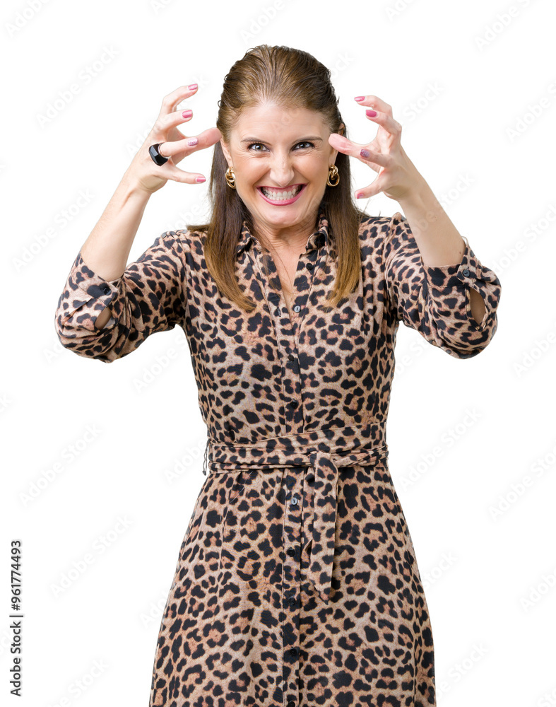 Beautiful middle age mature rich woman wearing leopard dress over isolated background Shouting frustrated with rage, hands trying to strangle, yelling mad Beautiful middle age mature rich woman wearing leopard dress over isolated background Shouting frustrated with rage, hands trying to strangle, yelling mad