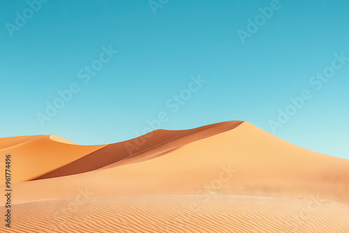 Vast, golden sand dunes stretch under a clear, vibrant blue sky. The desert landscape evokes a sense of peace and solitude.