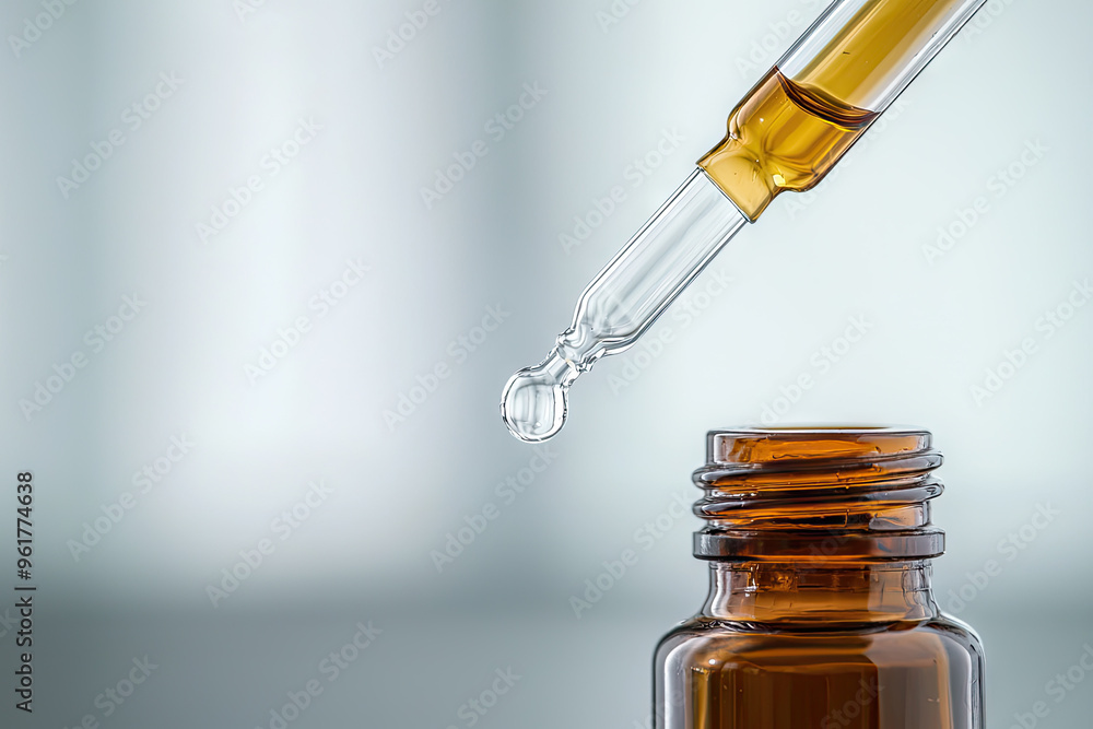 A single drop of liquid hangs suspended from a glass dropper, poised above a small amber bottle. The background is a soft, blurred grey.