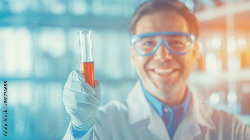 A smiling scientist holding a test tube filled with red liquid in a modern laboratory, showcasing enthusiasm for research. A smiling scientist holding a test tube filled with red liquid in a modern laboratory, showcasing enthusiasm for research.