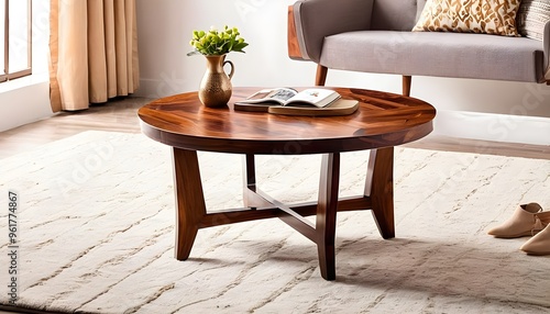 Round Coffee Table in Sheesham Wood with Walnut Finish by Meher – Stylish and Timeless, modern living room photo