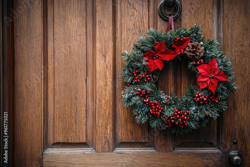 A Rustic Wooden Door Embellished with a Festive Christmas Wreath, Ready to Welcome Guests and Spread Holiday Cheer.