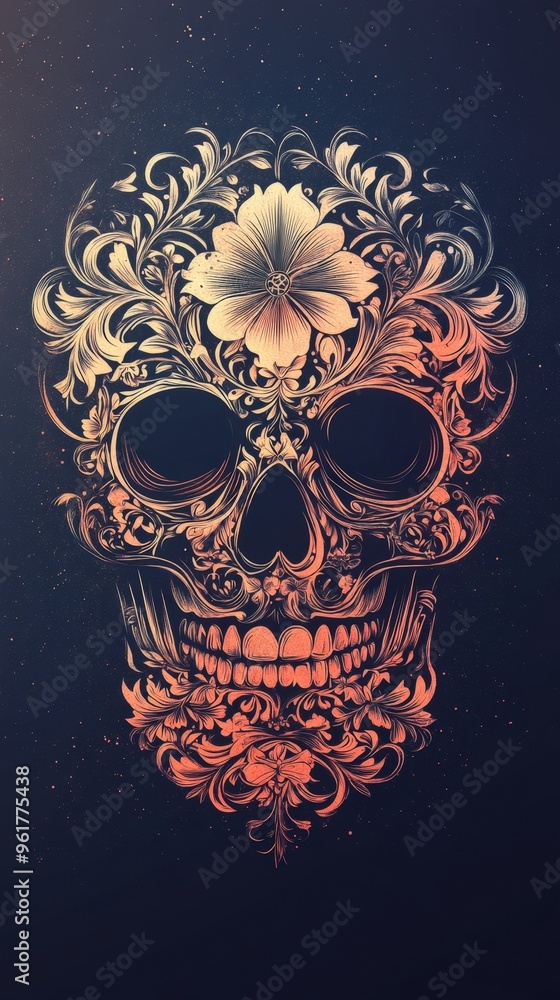 Skull with intricate floral patterns, symbolic death, flat design illustration Skull with intricate floral patterns, symbolic death, flat design illustration