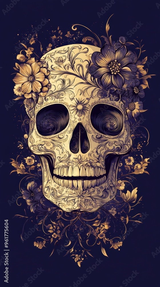 Skull with intricate floral patterns, symbolic death, flat design illustration Skull with intricate floral patterns, symbolic death, flat design illustration