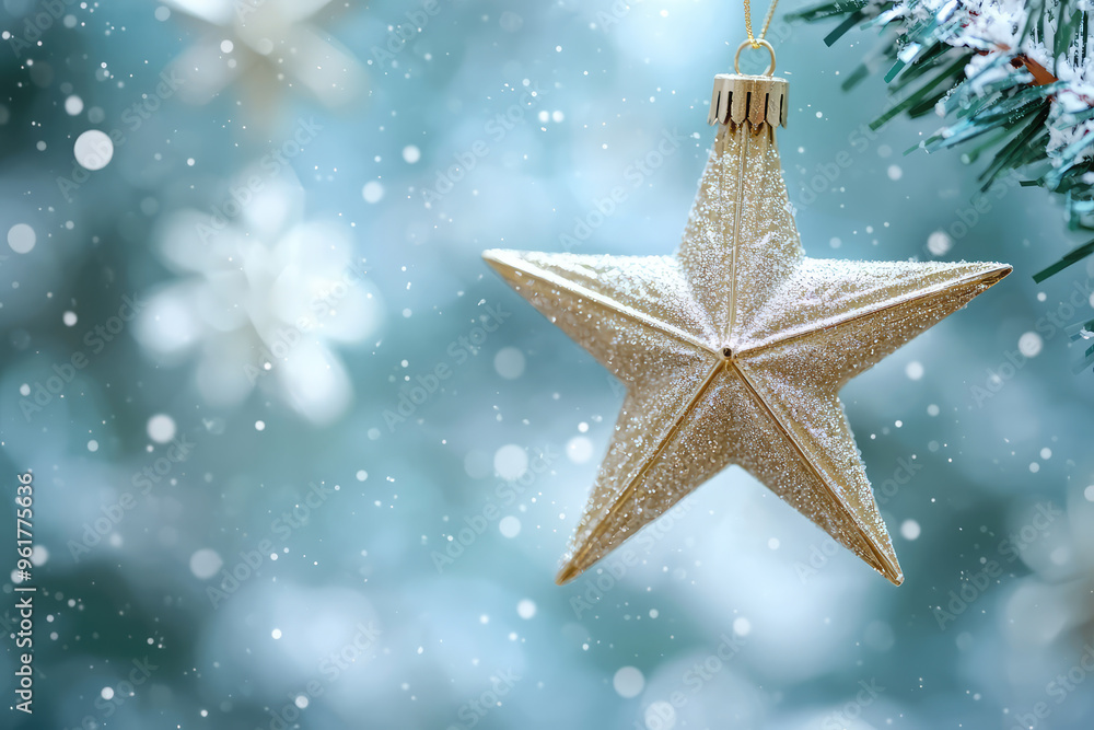 A Sparkling Star Ornament, Adorned with Glitter, Hangs Amidst a Wintery Scene, Evoking Holiday Cheer. A Sparkling Star Ornament, Adorned with Glitter, Hangs Amidst a Wintery Scene, Evoking Holiday Cheer.