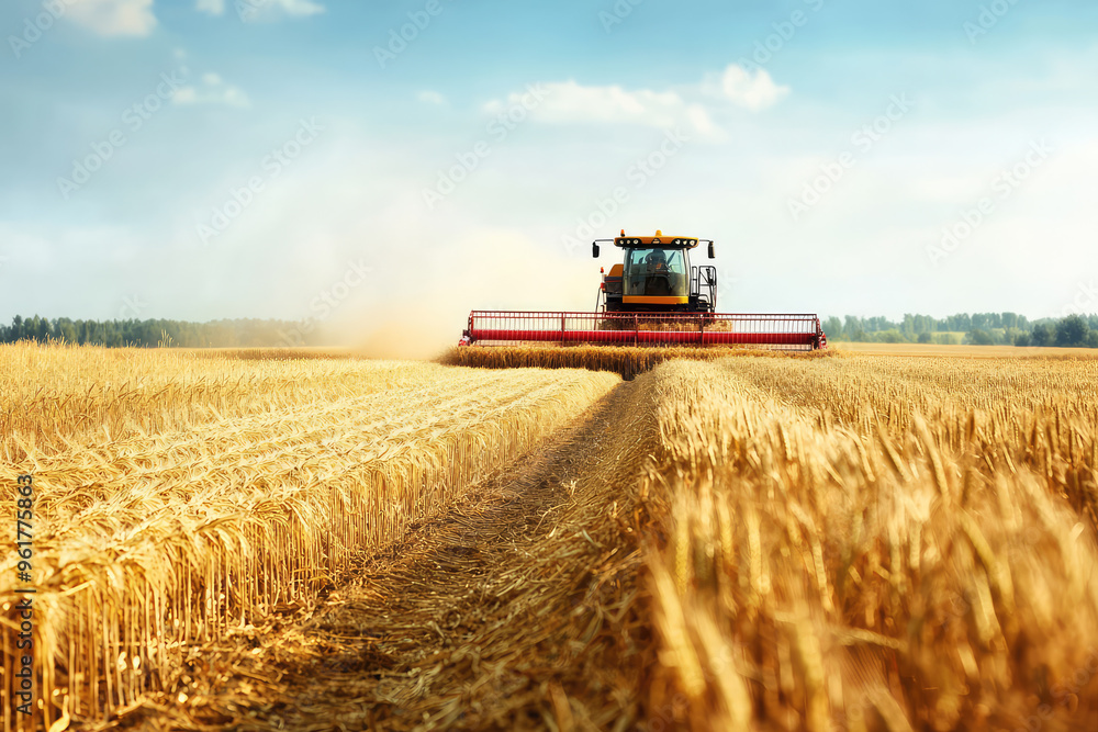 Obraz premium A lone combine harvester cuts through a golden field of wheat, leaving a trail of freshly cut stalks in its wake, under a bright blue sky with fluffy clouds. 