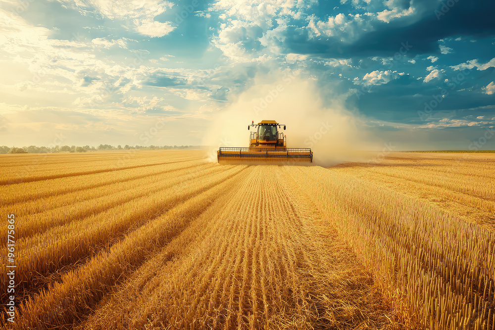Fototapeta premium A lone combine harvester cuts through a vast golden field, kicking up dust under a cloudy sky. The scene evokes a sense of hard work and the cycle of nature's bounty.