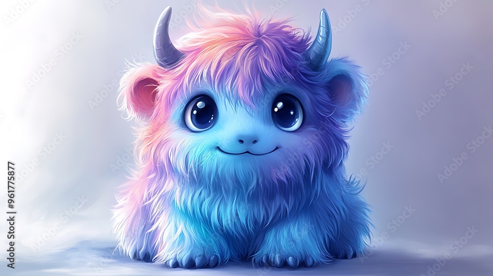 Obraz premium Cute Blue and Pink Furry Monster with Big Eyes.
