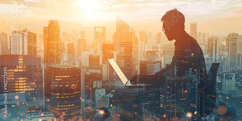 Portrait of a businessman working on a laptop computer at office with transparency letting see a modern city landscape with buildings and skyscrapers, businessman, laptop, office, modern city