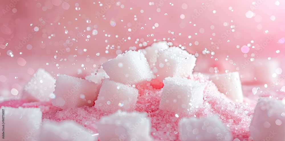 White sugar cubes and pink background with sparkles. Sweet food, candy or sweets concept. macro shot, White sugar cubes and pink background with sparkles. Sweet food, candy or sweets concept. macro shot,